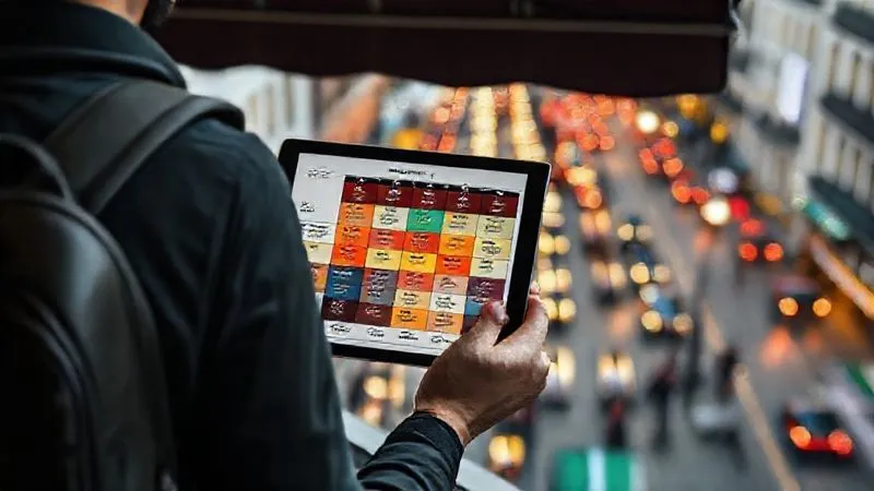 A photorealistic image of a detailed risk matrix chart, with color-coded cells representing different levels of probability and impact. The chart is displayed on a tablet held by a person with a backpack, overlooking a bustling city street from a cafe balcony, symbolizing a digital nomad planning. Cinematic lighting, sharp focus on the tablet and chart, depth of field blurring the city, 8K hyper-detailed, professional photography, shot on a high-end DSLR.
