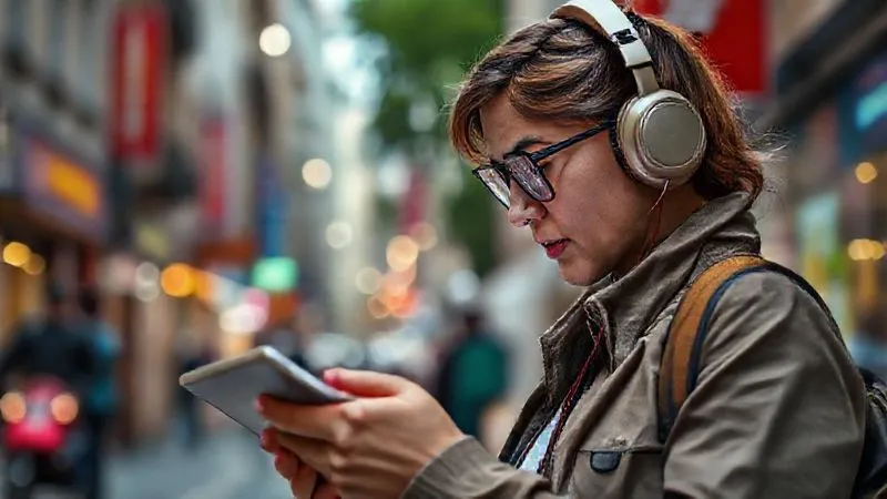 A photorealistic image of a digital nomad wearing headphones, intensely focused on a language learning app on a tablet, surrounded by a vibrant, blurred background of a foreign city street, conveying deep concentration amidst travel. Cinematic lighting, sharp focus, 8K hyper-detailed.