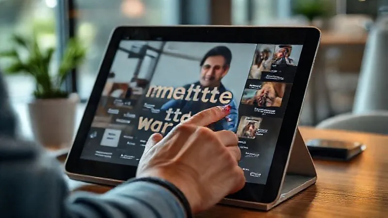 A photorealistic close-up of a digital nomad's hand highlighting specific vocabulary related to 'remote work' on a tablet screen, surrounded by a laptop with a video conference call in progress. The scene is set in a modern co-working space, with soft, professional lighting. 8K, sharp focus, depth of field.