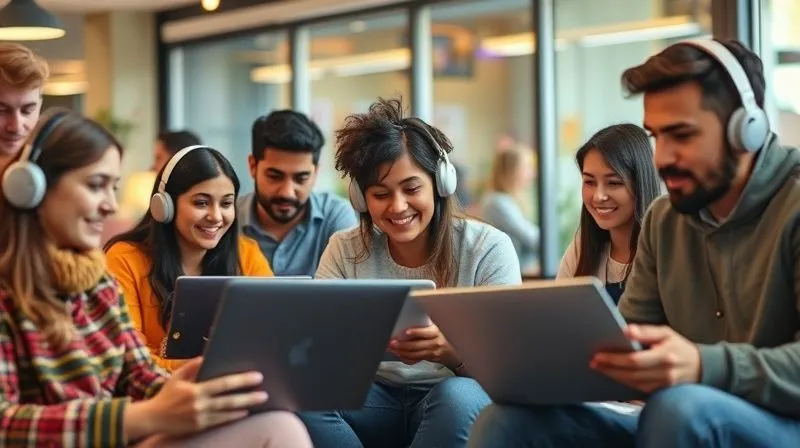 Photorealistic image of a diverse group of digital nomads, each with a laptop or tablet, in a vibrant co-working space, some wearing headphones, focused on language learning. The atmosphere is collaborative and productive, with subtle hints of different cultures. Cinematic lighting, sharp focus, depth of field, 8K.