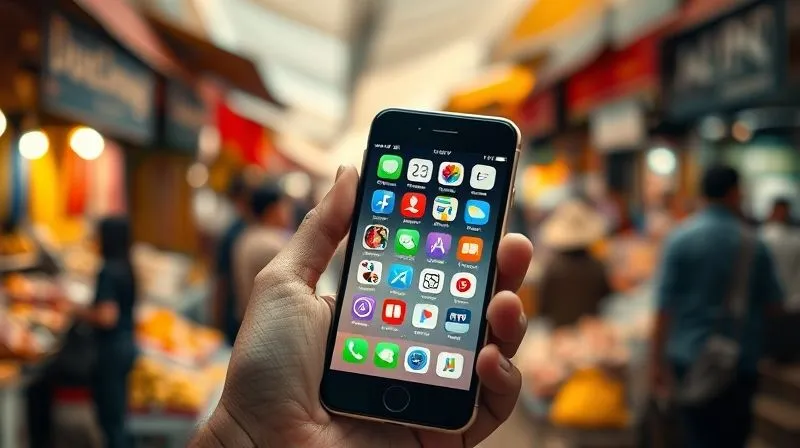 Photorealistic image of a person holding a smartphone, showcasing various language learning app icons on the screen (e.g., Duolingo, Anki, iTalki). The background is a blurred, vibrant street market scene in a foreign country, emphasizing the portability and utility of technology for nomads. Cinematic lighting, sharp focus on the phone, depth of field, 8K.