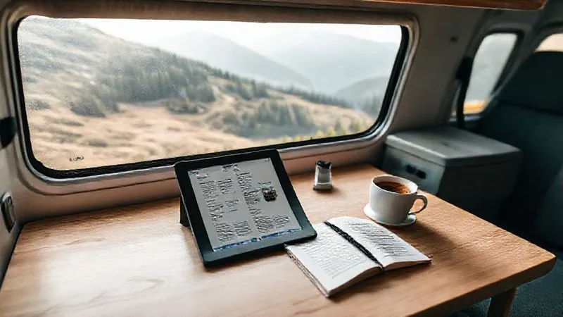 A photorealistic image of a minimalist desk setup in a compact camper van, with a language learning app open on a tablet, a travel journal, and a cup of coffee. The window shows a beautiful natural landscape outside, suggesting peace and focus. Professional photography, 8K, cinematic lighting, sharp focus, depth of field.