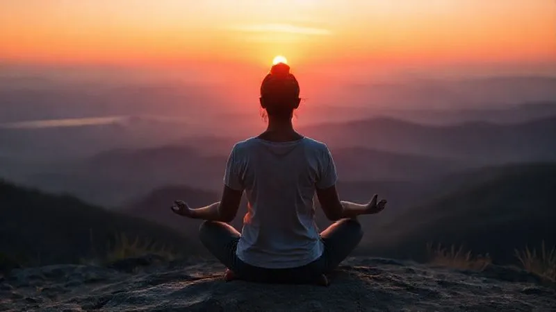 A photorealistic image of a person meditating peacefully at sunrise, overlooking a vast, beautiful landscape, with a subtle glow around them symbolizing mental clarity and resilience. Professional photography, 8K, cinematic lighting, sharp focus, depth of field, conveying inner peace and focus.