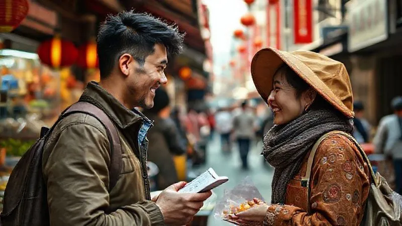 A photorealistic image of a vibrant, bustling street market in a Chinese-speaking city, with a young, diverse nomad interacting with a local vendor, both smiling. The nomad is holding a small phrasebook or smartphone with a translation app, attempting to speak Mandarin. Dynamic street life in the background, cinematic lighting, sharp focus on the interaction, depth of field blurring the background. 8K hyper-detailed, professional photography, shot on a high-end DSLR.