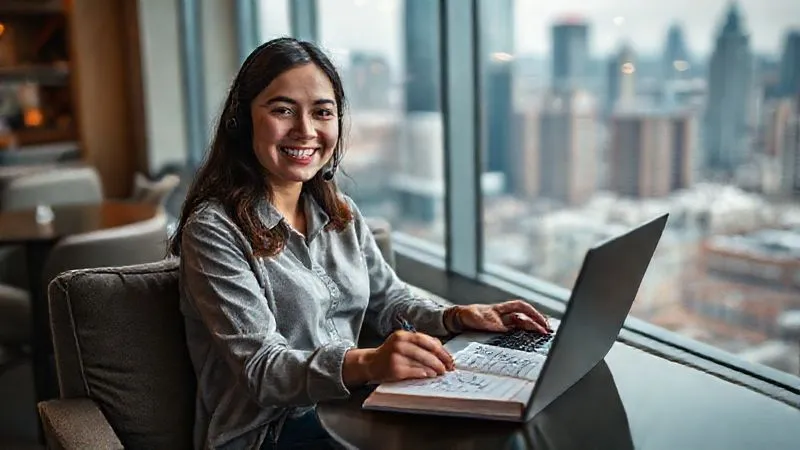 A photorealistic image of a person (representing Sofia) sitting comfortably in a co-working space in a vibrant city, perhaps with a view of a cityscape outside. She is smiling confidently while having a video call on her laptop with a Mandarin tutor, using a headset. A journal with handwritten Mandarin characters is open beside her. The atmosphere is productive and calm, with cinematic lighting and a sharp focus on Sofia, depth of field blurring the background. 8K hyper-detailed, professional photography, shot on a high-end DSLR.