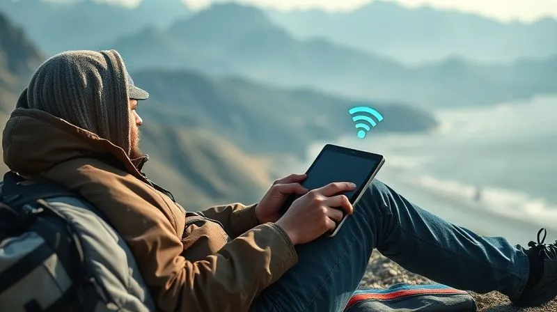 A photorealistic image of a digital nomad sitting comfortably in a remote, scenic location (like a mountain view or a beach), working efficiently on a tablet with a reliable internet connection symbol displayed, showcasing seamless digital access. The scene is bathed in natural, soft light. Sharp focus on the tablet and the nomad, 8K hyper-detailed, shot on a high-end DSLR.