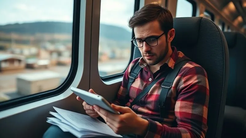 A photorealistic image of a nomadic learner sitting on a train or bus, looking overwhelmed with scattered digital notes on a tablet and physical papers. Their face shows frustration, with a window view of a changing landscape in the blurred background. Cinematic lighting, sharp focus on the person, depth of field, 8K hyper-detailed, shot on a high-end DSLR.