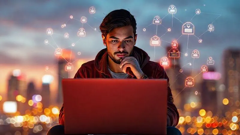 A photorealistic image of a digital nomad sitting in front of a laptop, thoughtfully sifting through various glowing network nodes and community icons on a holographic interface, representing the strategic selection of online groups. The background is a blurred, vibrant digital cityscape at sunset, 8K, cinematic lighting, sharp focus on the nomad's thoughtful expression, depth of field. Shot on a high-end DSLR, professional photography.