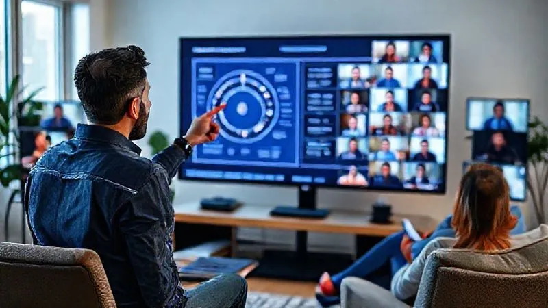A photorealistic image of a digital nomad giving an engaging virtual presentation on a large screen, surrounded by a diverse online audience visible in smaller video tiles. The nomad is confident and articulate, holding a virtual pointer towards a complex but clear diagram. The setting is a modern, minimalist home office with natural light, 8K, cinematic lighting, sharp focus on the presenter and screen, depth of field blurring the background. Shot on a high-end DSLR, professional photography.