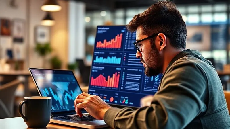 A photorealistic image of a digital nomad intently analyzing a dashboard on a laptop screen, displaying various graphs and charts related to online engagement and client conversion metrics. The nomad is in a focused posture, perhaps with a coffee cup nearby, in a bright, organized co-working space. The screen shows clear, actionable data visualizations, 8K, cinematic lighting, sharp focus on the data and the nomad's thoughtful expression, depth of field. Shot on a high-end DSLR, professional photography.