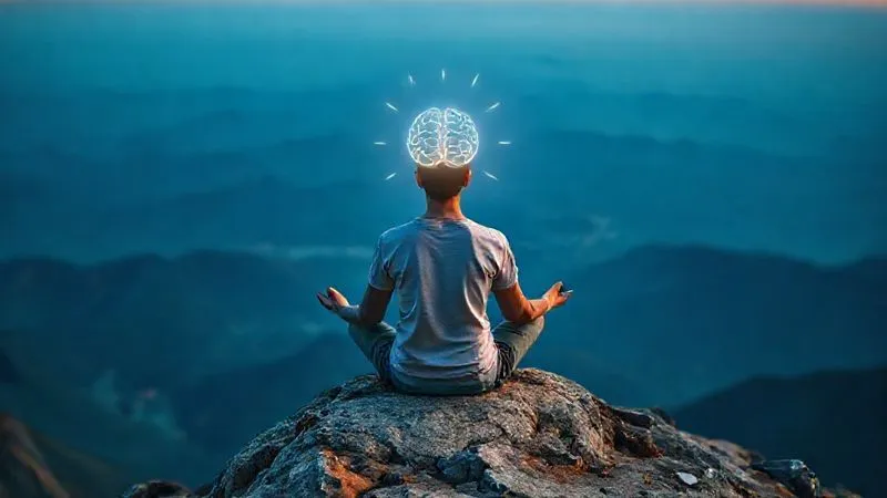 A photorealistic image of a person sitting cross-legged on a mountain peak overlooking a vast landscape, meditating with a glowing brain icon above their head, symbolizing continuous learning and self-reflection. Cinematic lighting, sharp focus on the person, depth of field blurring the background, 8K, shot on a high-end DSLR.