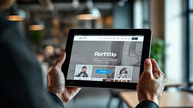 A photorealistic image of a professional-looking digital portfolio website displayed on a tablet, held by a person with a blurred background of a modern co-working space. The website shows clean design, project thumbnails, and a prominent 'Hire Me' button. Cinematic lighting, sharp focus on the tablet, depth of field, 8K, shot on a high-end DSLR.