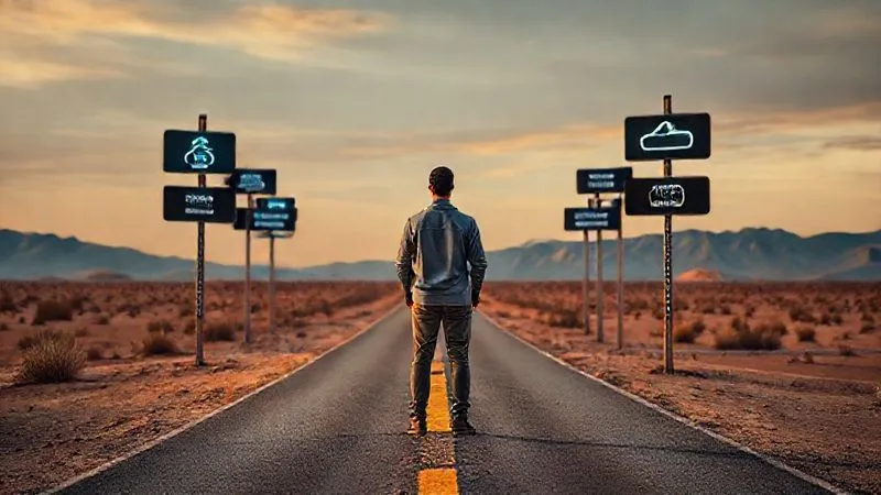 A photorealistic image of a person standing at a crossroads in a desert landscape, looking at multiple digital signposts with different tech skill icons (e.g., AI, Web3, Cloud), symbolizing future choices and continuous adaptation. Dramatic cinematic lighting, sharp focus on the person and signs, depth of field, 8K, shot on a high-end DSLR.