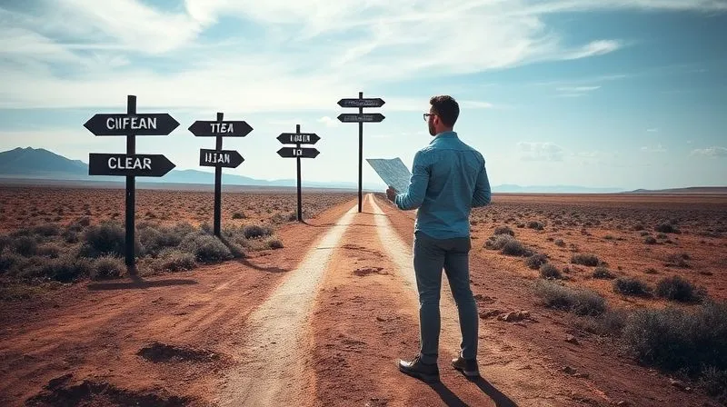 A photorealistic image of a person standing at a crossroads in a vast, open landscape, looking at several signs pointing in different directions, but one path is brightly lit and clear. The person holds a compass and a map, symbolizing clear direction and goal-setting. Professional photography, 8K, cinematic lighting, sharp focus, depth of field, shot on a high-end DSLR.