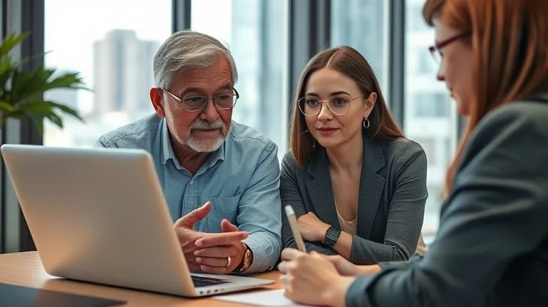 A photorealistic image of two people, one older and one younger, engaged in a deep conversation over a video call on a laptop. The older person (mentor) has a wise, encouraging expression, while the younger person (mentee) is actively listening, taking notes. The background of the mentee shows a minimalist, modern workspace in a vibrant city, while the mentor's background suggests a calm, professional office. Cinematic lighting, sharp focus on faces and screens, depth of field, 8K, professional photography, shot on a high-end DSLR.