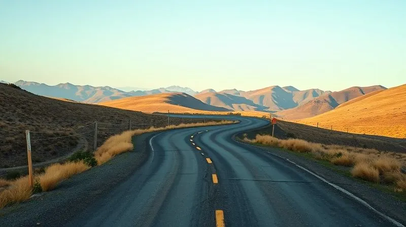 A photorealistic image of a winding, unpaved road in a remote, beautiful landscape, with a few subtle signs of caution (e.g., a small rockfall, a faint detour sign). The road ahead is clear but hints at potential challenges. The overall mood is adventurous but with an underlying sense of needing guidance. Professional photography, 8K, cinematic lighting, sharp focus, depth of field, shot on a high-end DSLR.