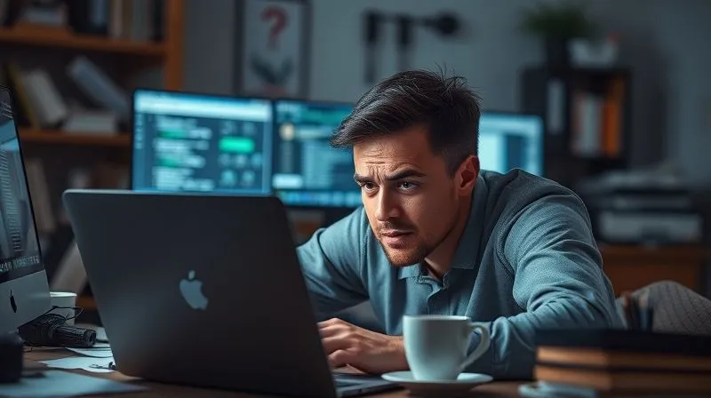 A photorealistic image of a digital nomad looking stressed, with multiple open laptop tabs and coffee cups, dark circles under their eyes, chaotic desk, cinematic lighting, sharp focus on the person's expression of exhaustion, depth of field blurring the background, 8K hyper-detailed, professional photography, shot on a high-end DSLR.