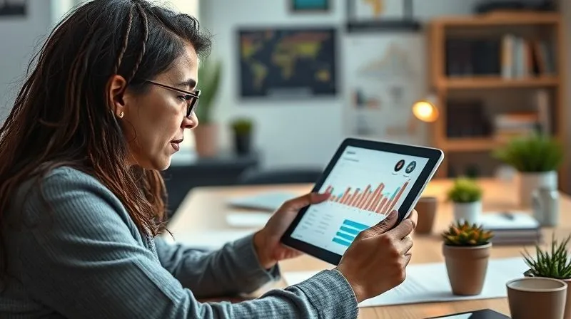 A photorealistic image of a digital nomad thoughtfully reviewing project metrics on a tablet, surrounded by a calm, organized workspace. The focus is on the data visualization, conveying clarity and control. Cinematic lighting, sharp focus, depth of field, 8K hyper-detailed, professional photography, shot on a high-end DSLR.
