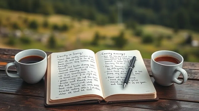 A photorealistic, professional photography image of an open journal with handwritten notes about daily energy levels, mood, and activities, alongside a pen and a cup of coffee, set on a rustic wooden table with a blurred background of a serene natural landscape, 8K, cinematic lighting, sharp focus, depth of field, shot on a high-end DSLR.