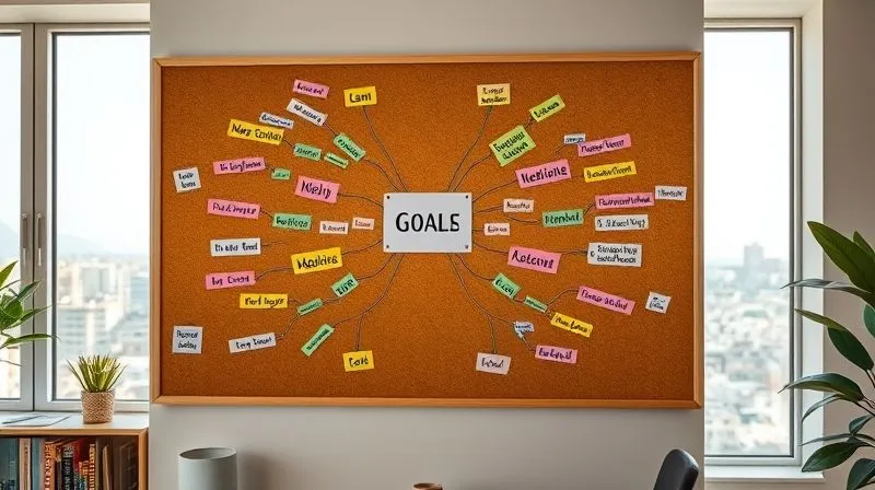 A photorealistic image of a vibrant, colorful mind map or a vision board filled with small, achievable goals related to personal development and nomadic life, like "learn 5 new Spanish phrases," "meditate 10 mins daily," "explore local market." The board is pinned on a corkboard in a bright, minimalist coworking space with a window overlooking a cityscape, 8K, cinematic lighting, sharp focus, depth of field, shot on a high-end DSLR.