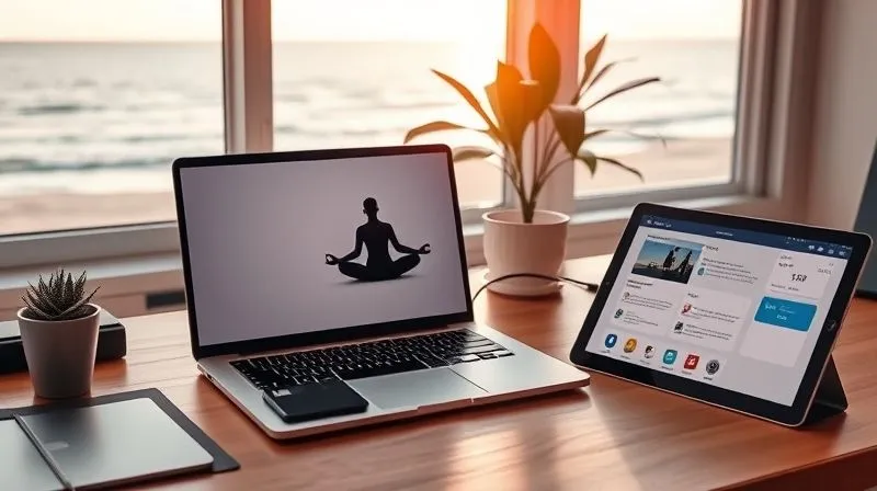 A photorealistic image of a digital nomad's desk setup, featuring a sleek laptop displaying a meditation app, a habit tracker app on a smartphone, and a project management tool open on a tablet. The background shows a minimalist, organized workspace with natural light, a plant, and a window overlooking a tranquil beach, 8K, cinematic lighting, sharp focus, depth of field, shot on a high-end DSLR.