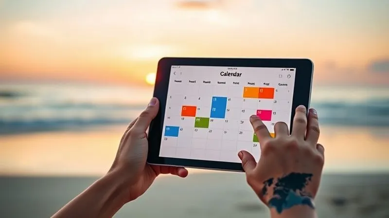 A photorealistic image of a minimalist digital calendar on a tablet screen, showing color-coded blocks for study, travel, and leisure, set against a blurred background of a serene beach at sunrise. The tablet is held by hands with a world map tattoo. Cinematic lighting, sharp focus on the screen, 8K hyper-detailed.
