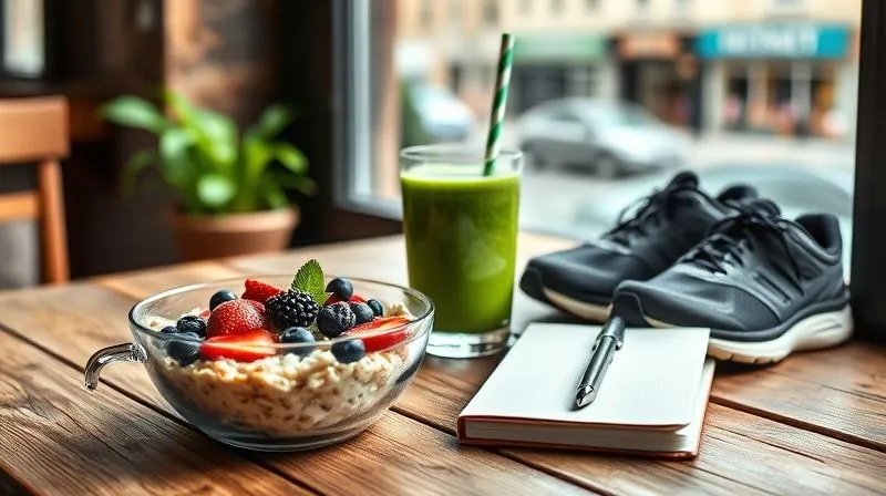 A photorealistic image of a healthy breakfast (oatmeal with berries, green smoothie) on a rustic wooden table, next to a travel journal and a pair of running shoes. A blurred window view of a vibrant city street in the background. Cinematic lighting, sharp focus on the food, 8K hyper-detailed.