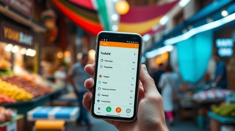 A photorealistic image of a sleek smartphone displaying a productivity app (e.g., Notion or Todoist) with a to-do list, held in hands against a backdrop of a colorful market street in a foreign city. The market is slightly blurred, emphasizing the digital tool. Cinematic lighting, sharp focus on the phone screen, 8K hyper-detailed.