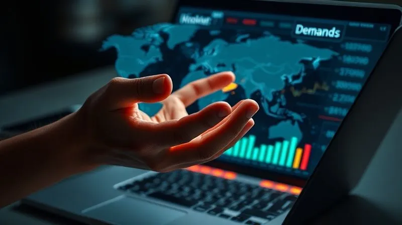 A photorealistic image of a person's hands hovering over a holographic projection of a global market demand chart, with various digital skills highlighted, surrounded by data points and trends. Cinematic lighting, sharp focus on the hands and projection, depth of field blurring a laptop in the background. 8K hyper-detailed, professional photography.