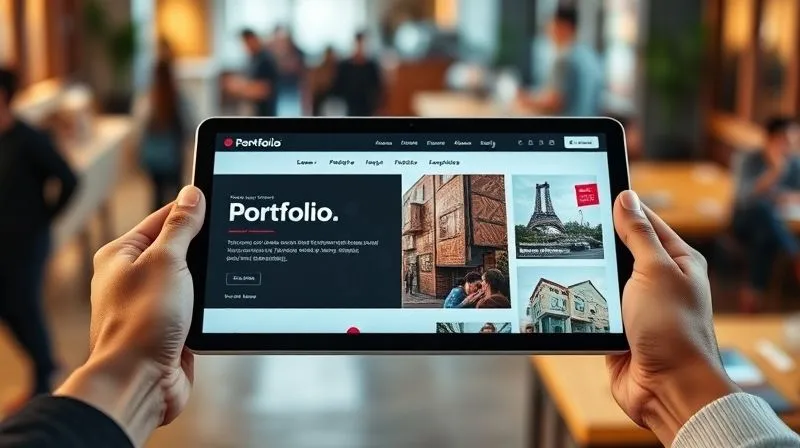 A photorealistic image of a sleek, modern digital portfolio website displayed on a tablet, with clean lines, vibrant project showcases, and compelling case study summaries. The tablet is held by a diverse hand, perhaps with a subtle background of a bustling co-working space or a scenic travel destination. Cinematic lighting, sharp focus on the screen, depth of field. 8K hyper-detailed, professional photography.