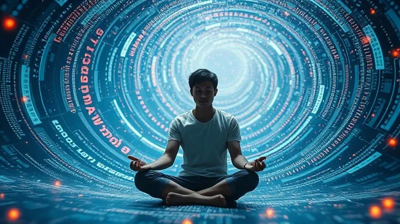 A photorealistic image of a digital nomad sitting calmly amidst a swirling vortex of abstract data, code, and evolving technological symbols, representing the constant change in the digital landscape. The nomad is focused, perhaps meditating or observing. Cinematic lighting, sharp focus on the nomad, depth of field on the swirling data. 8K hyper-detailed, professional photography.