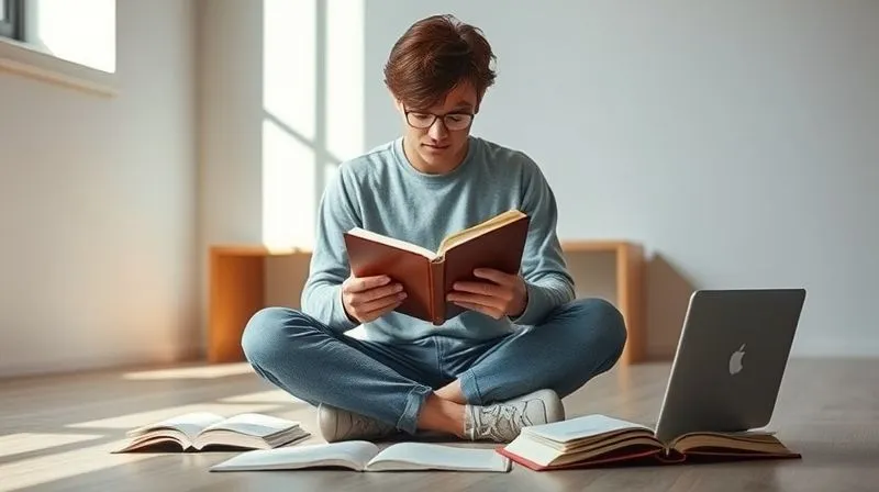 A photorealistic image of a person sitting cross-legged in a minimalist, sunlit room, journaling intently in a leather-bound notebook, surrounded by open books and a laptop, symbolizing deep self-reflection and structured learning. professional photography, 8K, cinematic lighting, sharp focus on the person and notebook, depth of field blurring the background, shot on a high-end DSLR.