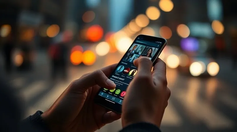 A photorealistic image of a person's hands holding a smartphone, scrolling through a professional networking app, with blurred city lights in the background, cinematic lighting, sharp focus on the phone screen, 8K hyper-detailed.