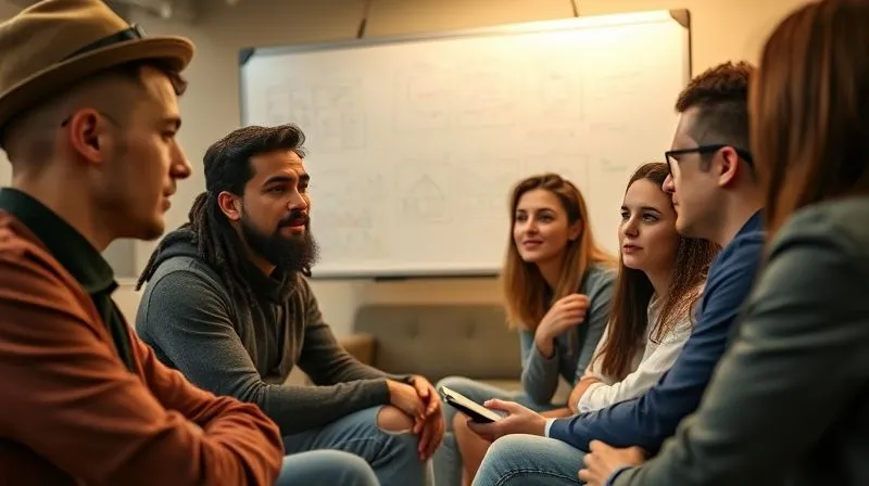 A photorealistic image of a diverse group of digital nomads intently listening to a speaker in a relaxed co-working environment, a whiteboard with diagrams behind the speaker, warm natural light, sharp focus on the interaction, 8K hyper-detailed.