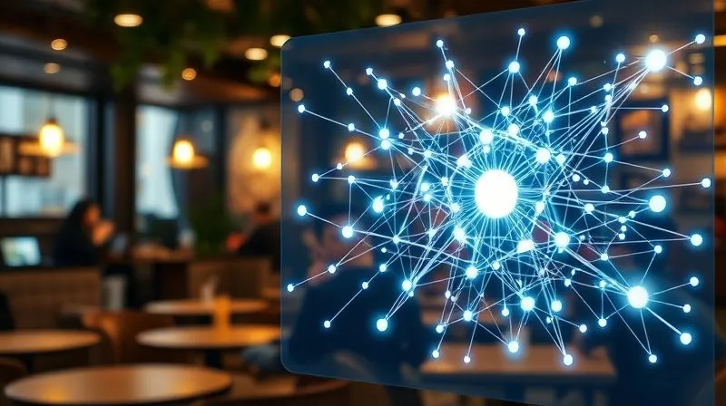 A photorealistic, professional photography of a complex, interconnected network diagram on a glowing transparent screen, with nodes representing people and lines representing connections, set against a blurred background of a bustling cafe, cinematic lighting, sharp focus on the network, 8K hyper-detailed.