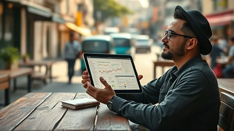 A photorealistic image of a digital nomad sitting calmly at a rustic wooden table in a sunlit cafe, holding a glowing tablet displaying complex data visualizations and a project roadmap. The background shows a bustling but blurred street scene of a foreign city, symbolizing self-directed learning in a global context. Cinematic lighting, sharp focus on the tablet and the thoughtful expression of the person, depth of field subtly blurring the background, 8K hyper-detailed, shot on a high-end DSLR, professional photography.