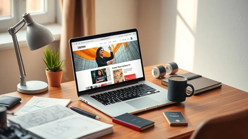 A photorealistic image of a digital nomad's desk, meticulously organized, featuring a laptop displaying a vibrant portfolio website. On the desk, there are sketches, a coffee mug, and a passport, subtly hinting at a global lifestyle. Soft, natural light from a window illuminates the scene, creating a sense of calm productivity. Sharp focus on the laptop screen and the portfolio details, depth of field blurring the background elements, 8K hyper-detailed, shot on a high-end DSLR, professional photography.