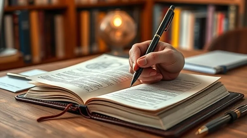 A photorealistic image of a leather-bound journal open on a desk, filled with handwritten notes, diagrams, and colorful highlights. A hand is poised with a pen, reflecting a moment of deep thought and self-reflection. The background is a soft-focus view of a cozy, well-lit workspace, perhaps a home office or a quiet corner in a library. Cinematic lighting, sharp focus on the journal and hand, depth of field blurring the background, 8K hyper-detailed, shot on a high-end DSLR, professional photography.