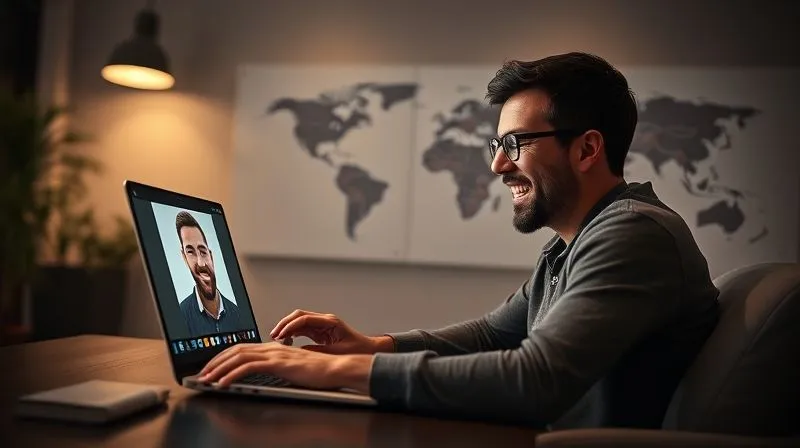 A photorealistic image of a digital nomad, mid-conversation, enthusiastically presenting a completed project on a laptop screen to a satisfied client via video call. The client's face on the screen shows approval. The nomad is in a well-lit, minimalist workspace, possibly a co-working space, with a global map subtly in the background. Cinematic lighting, sharp focus on the nomad and the laptop screen, depth of field blurring the background, 8K hyper-detailed, shot on a high-end DSLR, professional photography.