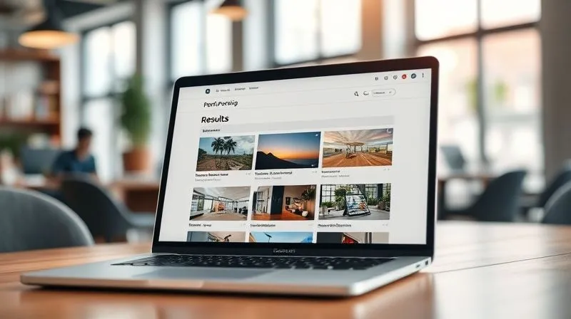 A photorealistic close-up of a digital portfolio displayed on a sleek laptop screen, with various project thumbnails and a "results" section highlighted. The background is a blurred, modern co-working space with natural light. Cinematic lighting, sharp focus on the screen, depth of field, 8K hyper-detailed, shot on a high-end DSLR.