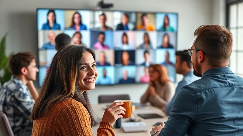 A photorealistic image of a diverse group of digital nomads engaged in a lively virtual networking event on a large screen, with various video call windows. One nomad in the foreground is smiling and actively participating, holding a cup of coffee. The setting is a cozy, modern home office. Cinematic lighting, sharp focus on the main nomad, depth of field, 8K hyper-detailed, shot on a high-end DSLR.