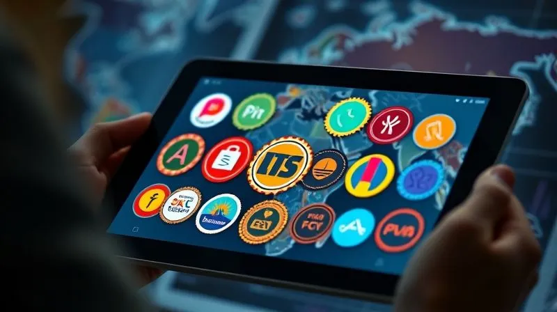 A photorealistic image of a collection of vibrant digital badges and micro-credentials displayed on a tablet screen, symbolizing various skills and achievements. The tablet is held by a person with a blurred global map in the background, representing digital nomadism. Cinematic lighting, sharp focus on the badges, depth of field, 8K hyper-detailed, shot on a high-end DSLR.