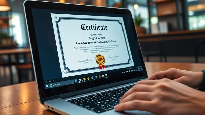 A photorealistic, close-up image of a laptop screen displaying a digital certificate from a reputable online learning platform, with a glowing, verified digital badge. The screen is sharp, showing details of the certification name and recipient. In the background, out of focus, a person's hands are typing on a keyboard in a coffee shop setting. Professional photography, 8K, cinematic lighting, sharp focus on the screen, depth of field, shot on a high-end DSLR.