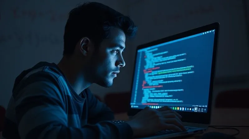 A photorealistic image of a person intensely focused on a laptop screen, displaying a coding challenge or a complex data analysis test. The room is dimly lit, with the screen light illuminating their face, conveying deep concentration. A whiteboard in the background has some mathematical equations or flowcharts. Professional photography, 8K, cinematic lighting, sharp focus on the person and screen, depth of field, shot on a high-end DSLR, conveying intellectual challenge and determination.