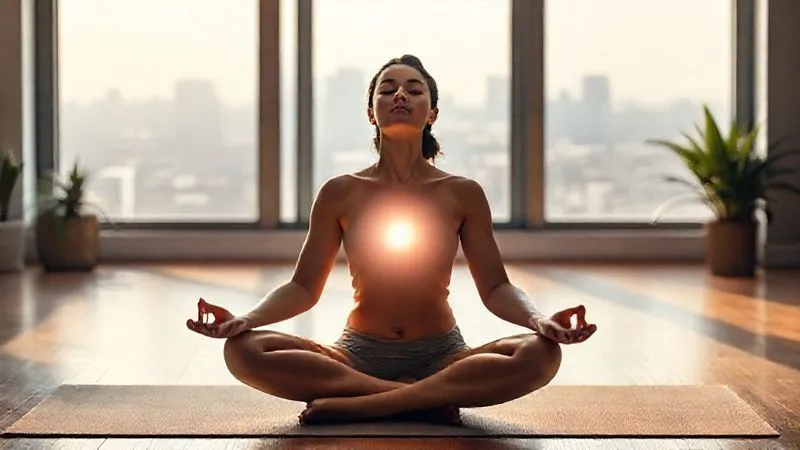 A photorealistic image of a person sitting in a meditative pose on a yoga mat, eyes closed, with a soft glow emanating from their chest, symbolizing inner peace and self-awareness. The background is a minimalist, calm co-working space with a window view of a distant city. Cinematic lighting, sharp focus on the person, depth of field. Shot on a high-end DSLR, 8K hyper-detailed.