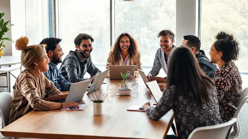 A photorealistic image of a group of diverse digital nomads laughing and collaborating around a large table in a modern, sunlit co-working space. Some are looking at laptops, others are engaged in conversation. The atmosphere is vibrant, friendly, and supportive. Cinematic lighting, sharp focus on the group, depth of field. Shot on a high-end DSLR, 8K hyper-detailed.