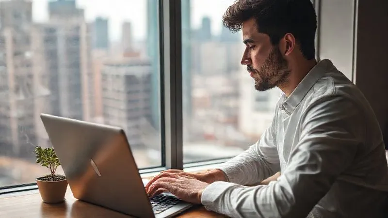 A photorealistic image of a digital nomad sitting by a window, looking out at a vibrant city, but their gaze is inward, contemplative. A small plant on their desk symbolizes growth and life. Their laptop is closed, and their hands are resting gently, a sense of calm and self-awareness. Soft, natural light. Cinematic lighting, sharp focus on the person's serene expression, depth of field. Shot on a high-end DSLR, 8K hyper-detailed.