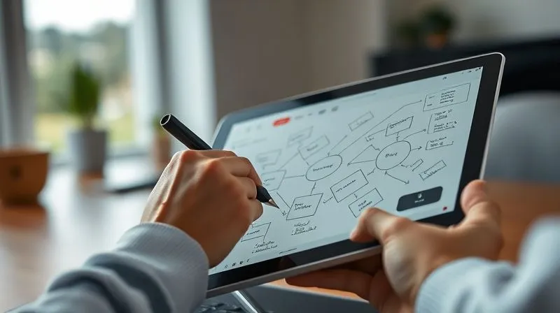 A photorealistic image of a person sketching a complex workflow diagram on a digital tablet, with Notion-like interface elements subtly integrated. The background is a minimalist, modern remote workspace with natural light. Cinematic lighting, sharp focus on the tablet and hands, depth of field, 8K hyper-detailed, professional photography, shot on a high-end DSLR, conveying clarity and strategic planning.