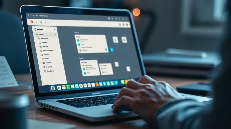 A photorealistic image of a digital nomad's workspace, with a laptop displaying the Zapier or Make.com interface, showing a complex but visually clear automation workflow connecting Notion to other apps. Hands are subtly interacting with a mouse or trackpad. Cinematic lighting, sharp focus on the screen, depth of field, 8K hyper-detailed, professional photography, shot on a high-end DSLR, conveying efficiency and interconnectedness.