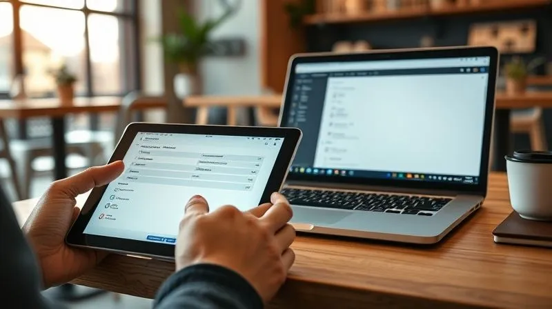 A photorealistic image of a sleek, minimalist online form being filled out on a tablet, with data flowing seamlessly into a Notion database displayed on a laptop in the background. The scene is a cozy, modern cafe setting, typical for a digital nomad. Cinematic lighting, sharp focus on the tablet and laptop screens, depth of field, 8K hyper-detailed, professional photography, shot on a high-end DSLR, symbolizing effortless data capture and organization.